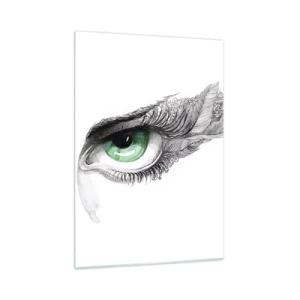 Glasbild - Bild auf glas - Grünes Auge mit Federdetails und abstrakten Mustern - 50x70cm - Schön und bereit zum Angriff - Moderne Wanddekoration für Wohnzimmer und Schlafzimmer ARTTOR