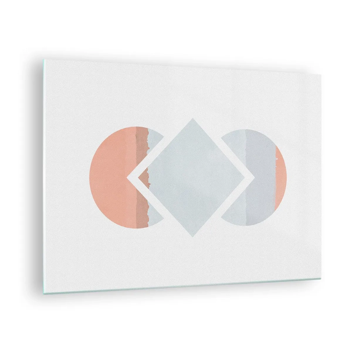 Glasbild - Bild auf glas - Eine pastellfarbene Raute in der Mitte zwischen den Halbkreisen auf weißem Hintergrund. - 70x50cm - Die Situation ist klar - Moderne Wanddekoration für Wohnzimmer und Schlafzimmer ARTTOR