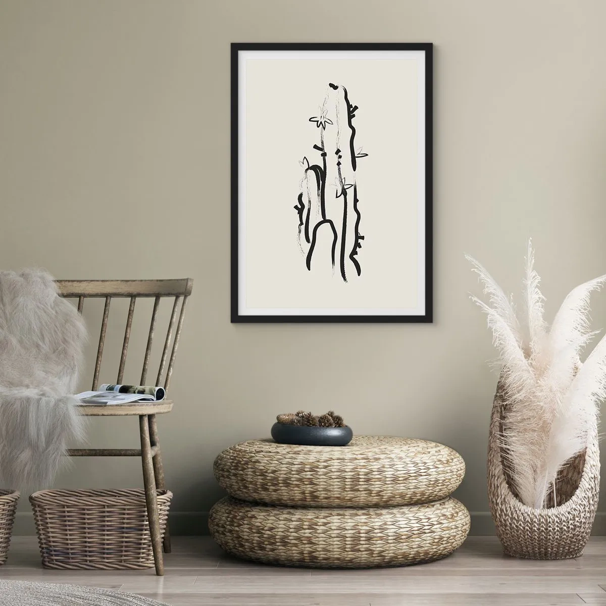 Poster in einem schwarzem Rahmen - Minimalistische Kaktuszeichnung - 50x70cm - Blühendes Kraut - Moderne Wanddekoration für Wohnzimmer und Schlafzimmer ARTTOR