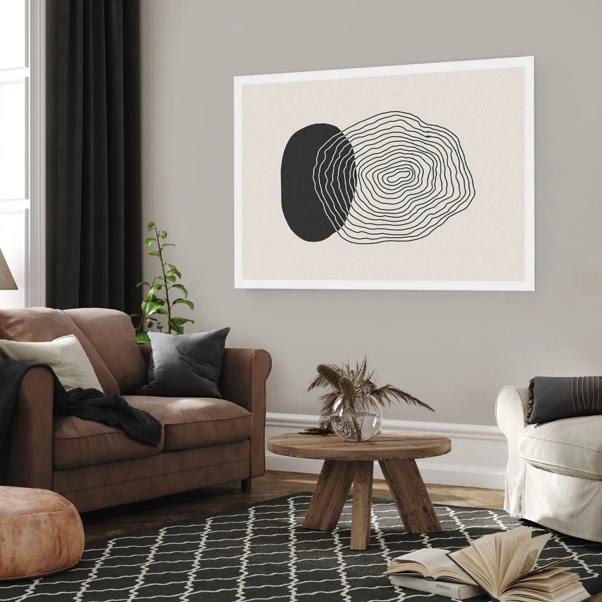 Poster - Abstraktes Muster mit Linien und Formen in Schwarz und Weiß - 100x70cm - Dauer und Schwingung - Moderne Wanddekoration für Wohnzimmer und Schlafzimmer ARTTOR