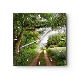 Wanduhr - Glasuhr - Eine unbefestigte Straße zwischen grünen Bäumen und Sonnenlicht - 30x30cm - Et in Arcadia ego - Moderne Wanddekoration für Wohnzimmer und Schlafzimmer ARTTOR