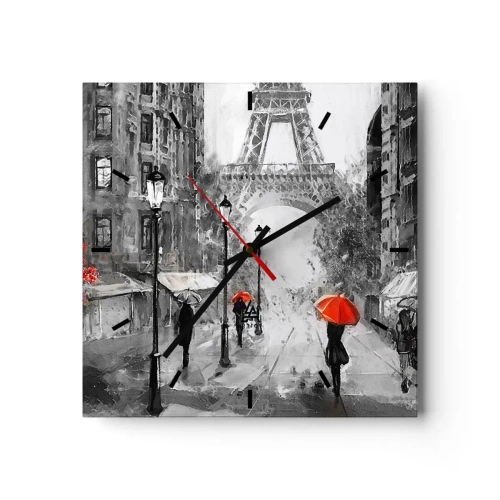 Wanduhr - Glasuhr - Eine Straße mit Blick auf den Eiffelturm und roten Regenschirmen - 30x30cm - Alle Wege führen zu ihr - Moderne Wanddekoration für Wohnzimmer und Schlafzimmer ARTTOR