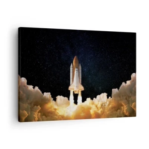 Bild auf Leinwand - Leinwandbild - Eine Weltraumrakete hebt vor dem Sternenhimmel ab - 70x50cm - Ad Astra! - Moderne Wanddekoration für Wohnzimmer und Schlafzimmer ARTTOR