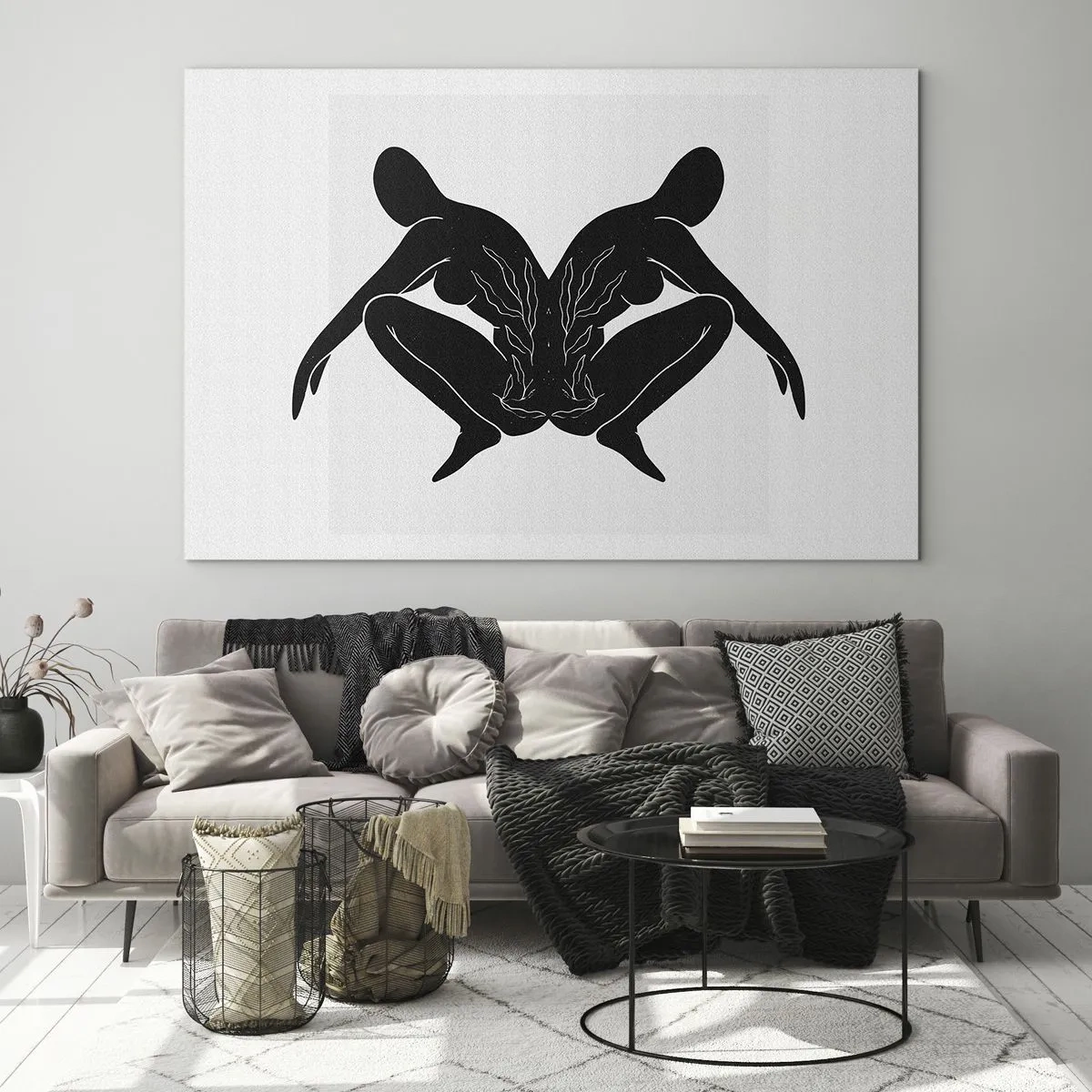Glasbild - Bild auf glas - Schwarze Figuren bilden ein symmetrisches Herz auf weißem Hintergrund - 70x50cm - Gemeinsame Seele - Moderne Wanddekoration für Wohnzimmer und Schlafzimmer ARTTOR