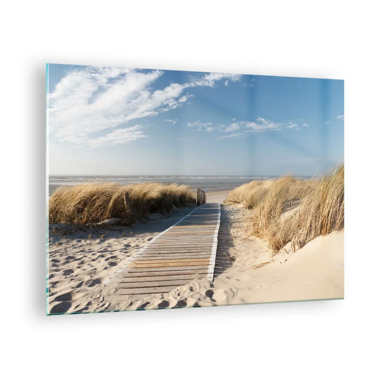Glasbild - Bild auf glas - Holzweg durch die Dünen zum Strand - 70x50cm - Hinter der Düne, im Rauschen des Grases - Moderne Wanddekoration für Wohnzimmer und Schlafzimmer ARTTOR