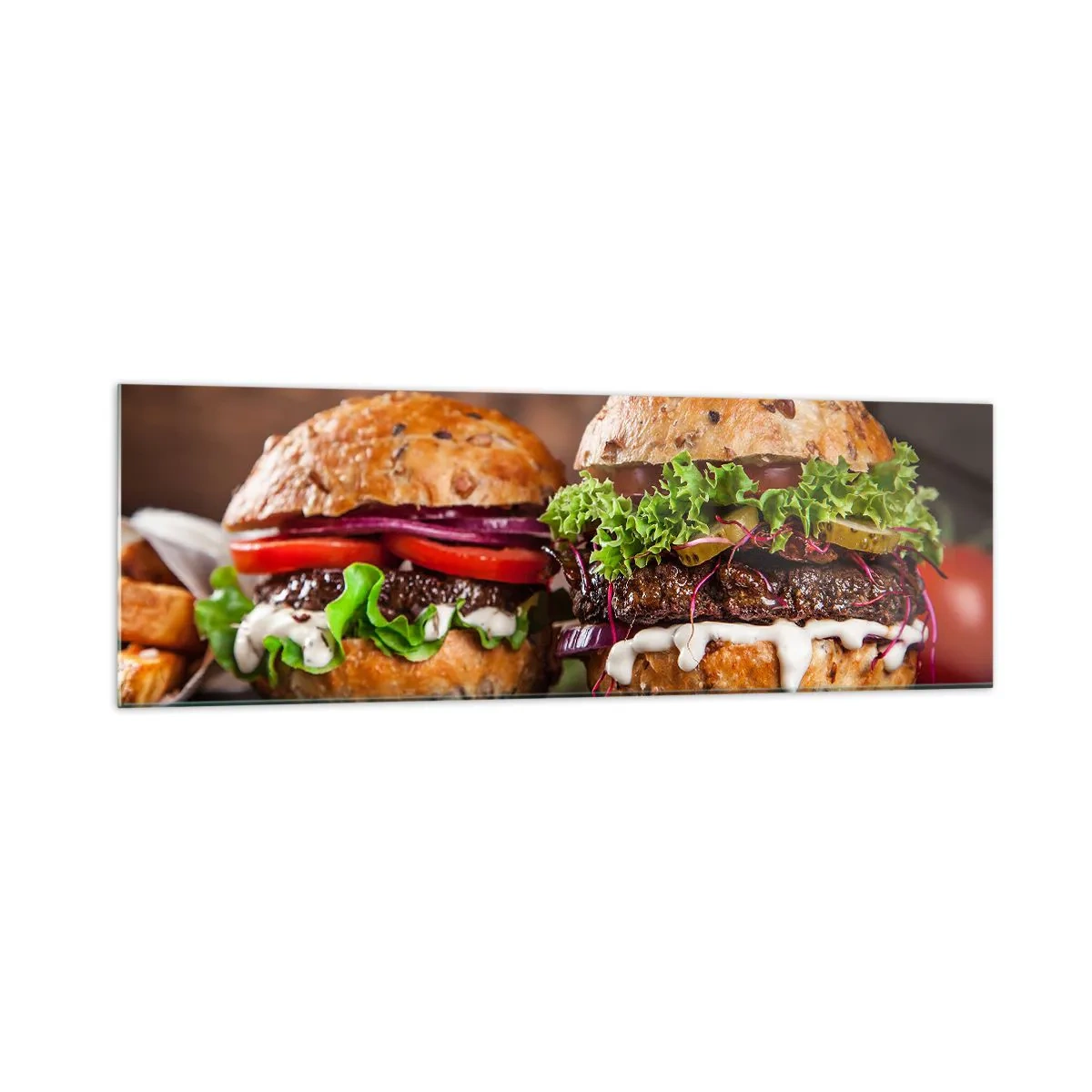 Glasbild - Bild auf glas - Appetitliche Burger mit Gemüse und Sauce - 160x50cm - Amerikanischer Traum - Moderne Wanddekoration für Wohnzimmer und Schlafzimmer ARTTOR
