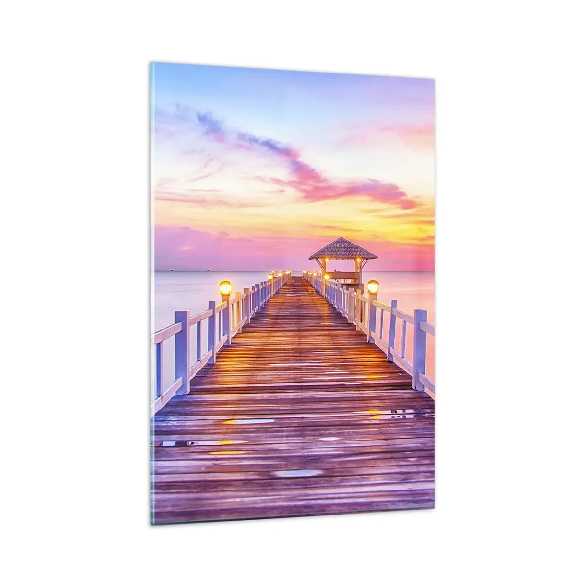 Glasbild - Bild auf glas - Ein Pier über dem Wasser bei Sonnenuntergang in Pastellfarben - 80x120cm - Die lila-goldene Stille des Abends - Moderne Wanddekoration für Wohnzimmer und Schlafzimmer ARTTOR
