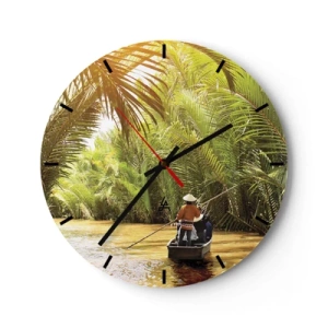 Wanduhr - Glasuhr - Menschen auf einem Boot, das durch einen dichten Palmenwald segelt - 30x30cm - Eine Palmenschlucht entlang - Moderne Wanddekoration für Wohnzimmer, Küche und Schlafzimmer ARTTOR