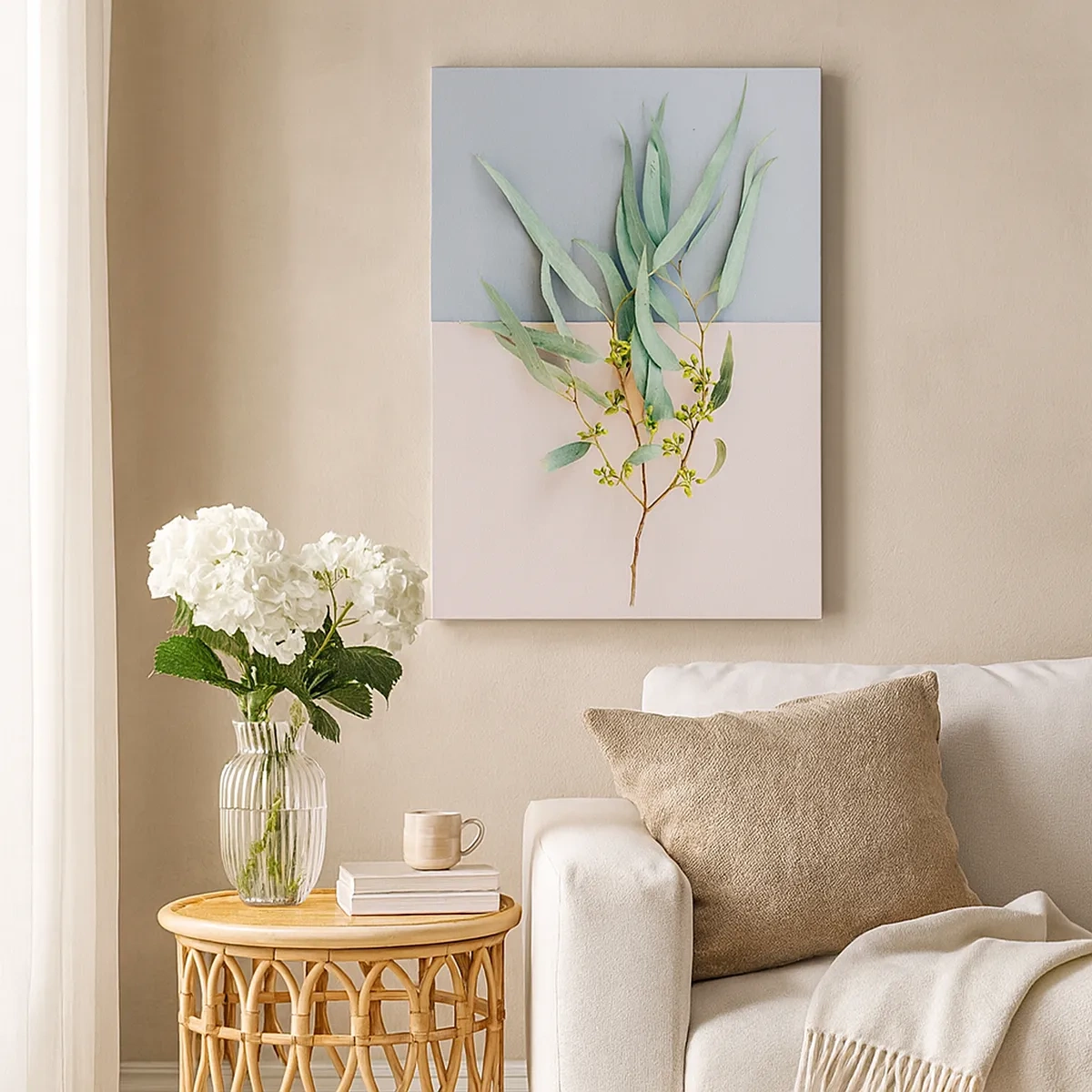 Bild auf Leinwand - Leinwandbild - Ein Zweig mit Blättern auf einem Hintergrund in Pastelltönen - 50x70cm - Pastellige Subtilität - Moderne Wanddekoration für Wohnzimmer und Schlafzimmer ARTTOR