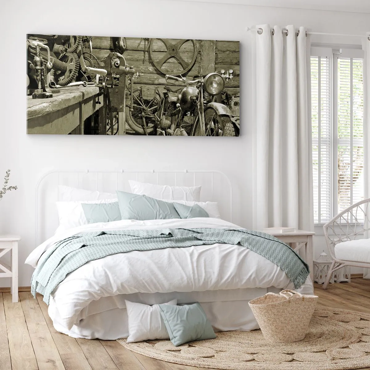 Bild auf Leinwand - Leinwandbild - Retro-Werkstatt mit Motorrädern und Werkzeug - 160x50cm - Im Schuppen von Onkel Władek - Moderne Wanddekoration für Wohnzimmer und Schlafzimmer ARTTOR