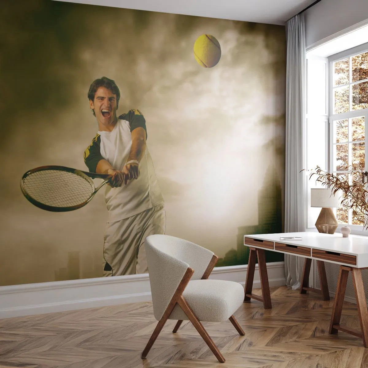 Fototapete Premium Sand - Ein Tennisspieler in einer dynamischen Aufnahme vor der Kulisse einer Stadt bei Sonnenuntergang - 100x70cm - Energie und Freude - Moderne Wanddekoration für Wohnzimmer und Schlafzimmer ARTTOR