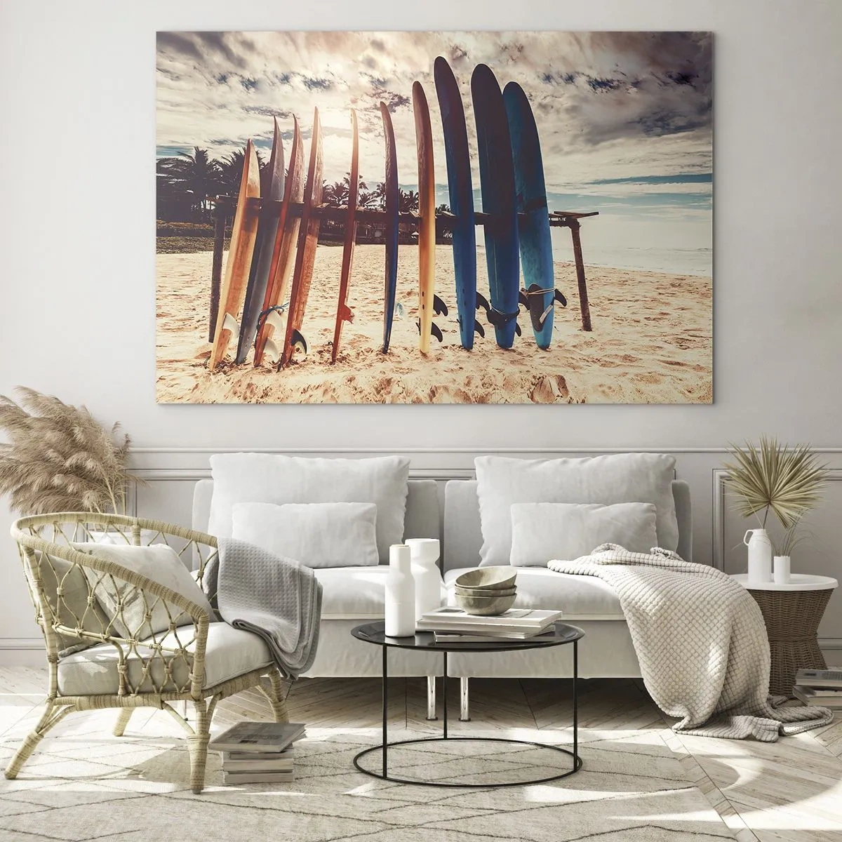 Glasbild - Bild auf glas - Bunte Surfbretter aufgereiht am Strand bei Sonnenuntergang - 70x50cm - Gute Nacht bis morgen - Moderne Wanddekoration für Wohnzimmer und Schlafzimmer ARTTOR