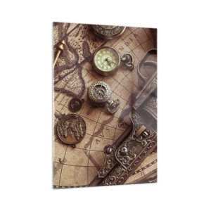 Glasbild - Bild auf glas - Antike Objekte und eine Karte - 50x70cm - Das Abenteuer ruft - Moderne Wanddekoration für Wohnzimmer und Schlafzimmer ARTTOR