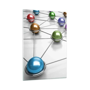 Glasbild - Bild auf glas - Bunte Kugeln, die durch dünne Linien auf weißem Hintergrund verbunden sind - 80x120cm - Kosmisches Spinnennetz - Moderne Wanddekoration für Wohnzimmer und Schlafzimmer ARTTOR