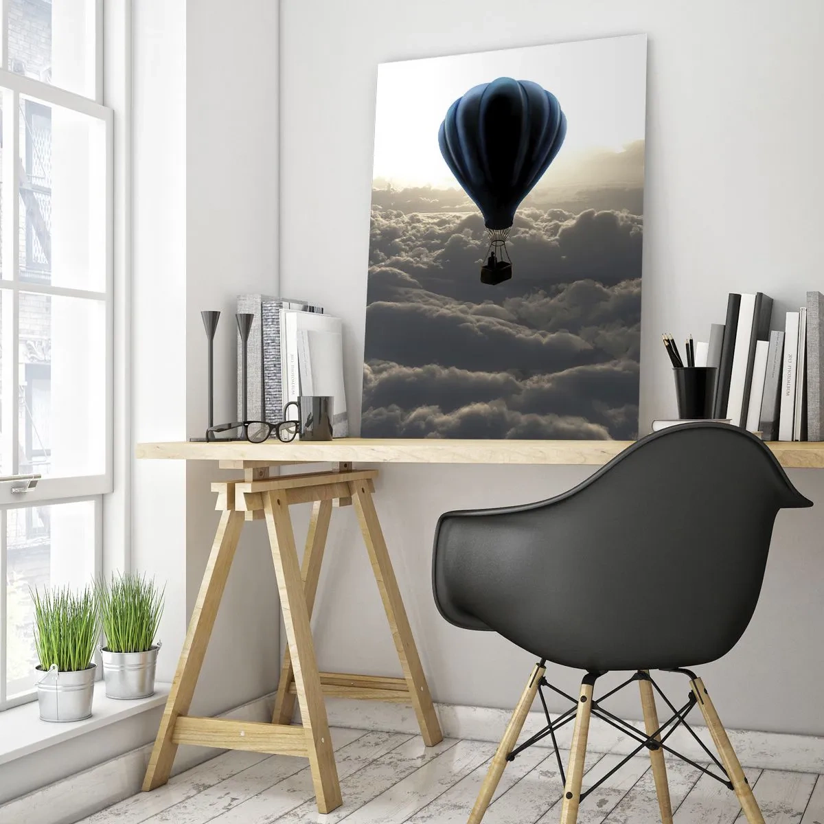 Glasbild - Bild auf glas - Ein Heißluftballon vor einem Himmel mit Wolken bei Sonnenuntergang - 80x120cm - Ein Wanderer über den Wolken - Moderne Wanddekoration für Wohnzimmer und Schlafzimmer ARTTOR