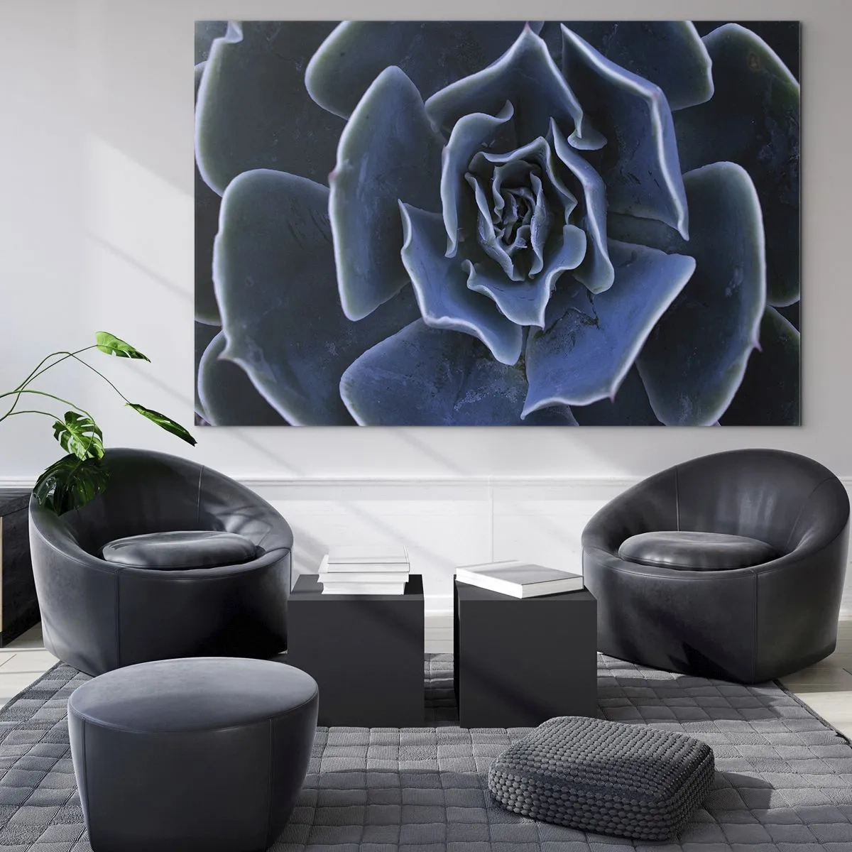 Glasbild - Bild auf glas - Makrofotografie einer Sukkulente in kühlen Blautönen - 70x50cm - Wüstenblume - Moderne Wanddekoration für Wohnzimmer und Schlafzimmer ARTTOR