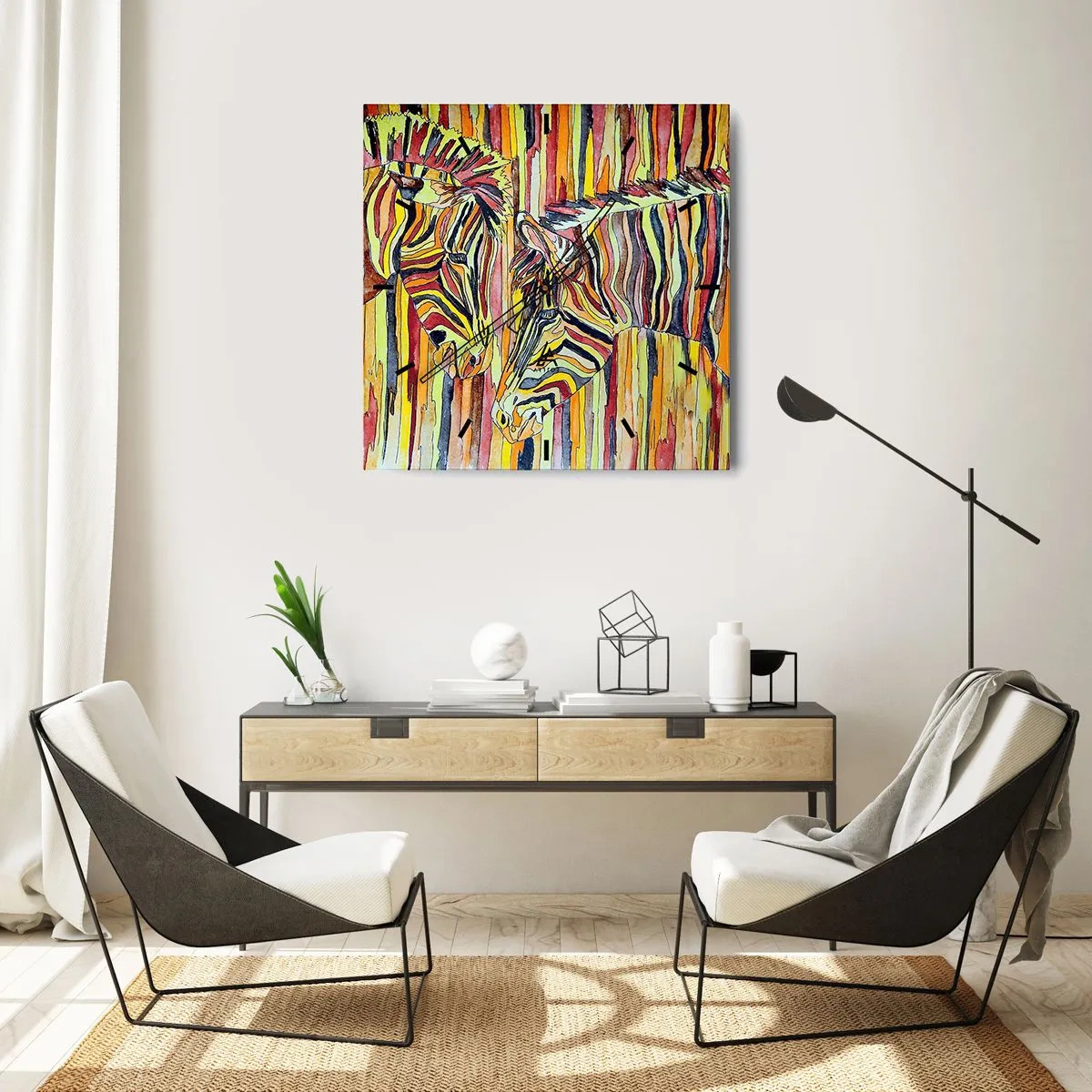 Wanduhr - Glasuhr - Bunte Zebras vor einem Hintergrund aus abstrakten Streifen - 30x30cm - Also du auch... - Moderne Wanddekoration für Wohnzimmer und Schlafzimmer ARTTOR