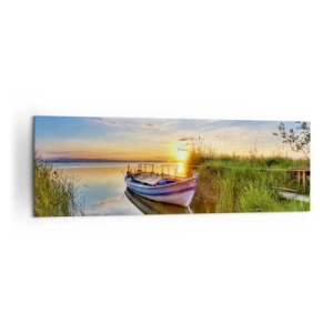 Bild auf Leinwand - Leinwandbild - Ein Boot in einer ruhigen Bucht bei Sonnenuntergang - 160x50cm - Bucht erfüllter Träume - Moderne Wanddekoration für Wohnzimmer und Schlafzimmer ARTTOR