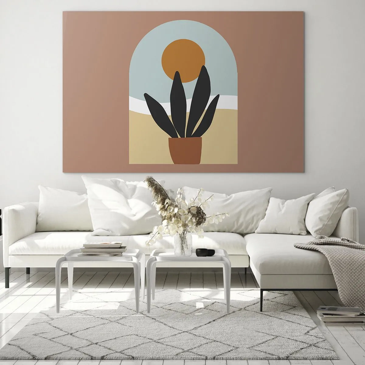 Glasbild - Bild auf glas - Eine abstrakte Szene mit einer Topfpflanze und der Sonne im Hintergrund, in Pastellfarben. - 100x70cm - Kleine Freuden - Moderne Wanddekoration für Wohnzimmer und Schlafzimmer ARTTOR