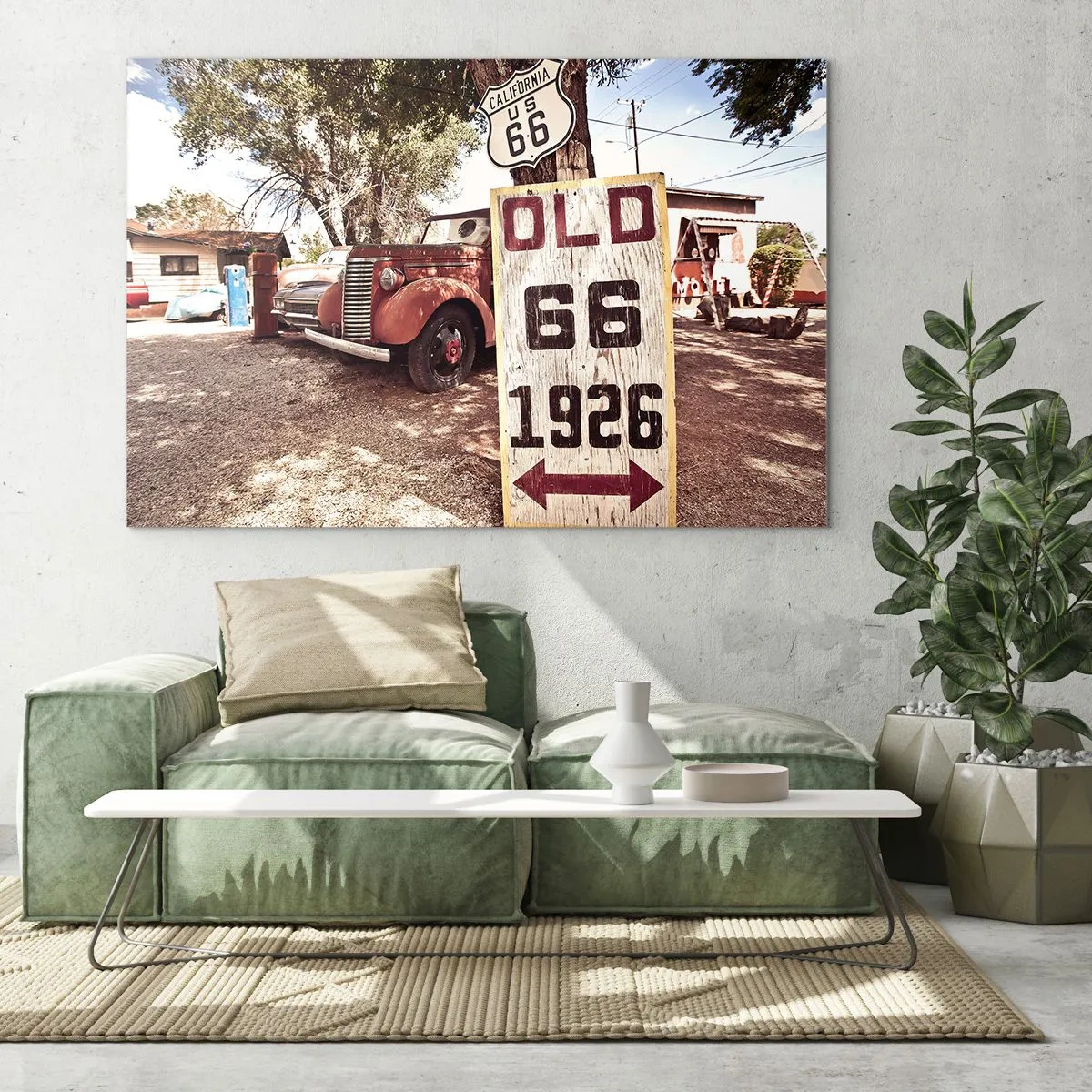 Glasbild - Bild auf glas - Oldtimer und Retro-Route 66-Schild - 70x50cm - Die Legende der amerikanischen Provinz - Moderne Wanddekoration für Wohnzimmer und Schlafzimmer ARTTOR