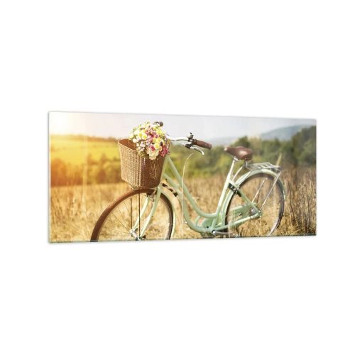 Glasbild - Bild auf glas - Ein Retro-Fahrrad mit einem Korb voller Blumen vor einem Wiesenhintergrund. - 120x50cm - Ich bleibe eine Weile hier - Moderne Wanddekoration für Wohnzimmer und Schlafzimmer ARTTOR