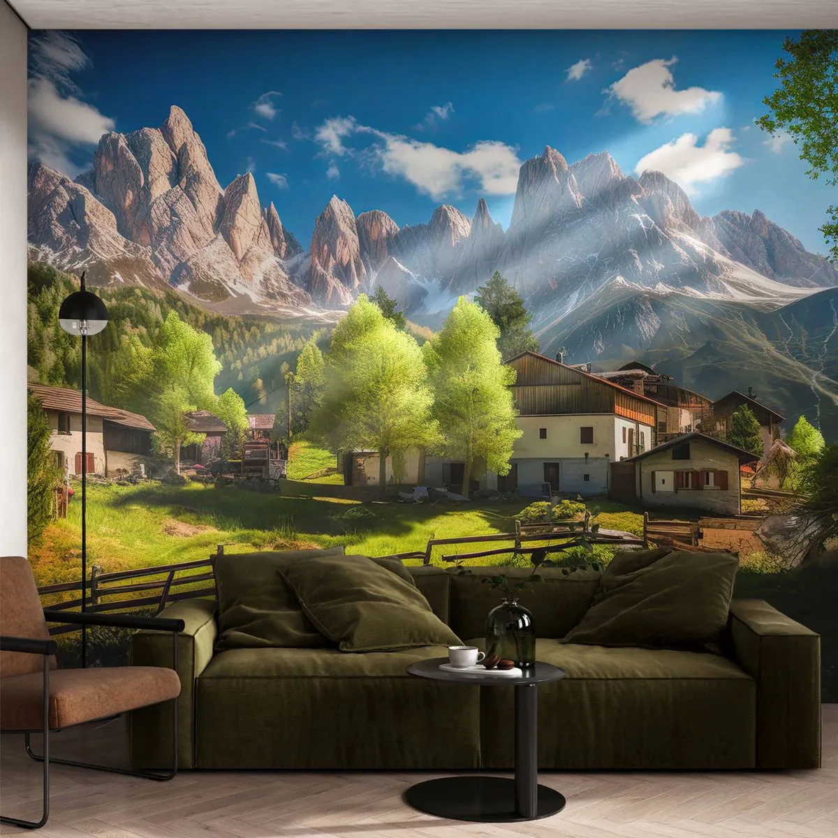 Fototapete Premium Sand - Ein malerisches Dorf am Fuße der schneebedeckten Alpen - 100x70cm - Alpenidylle - Moderne Wanddekoration für Wohnzimmer und Schlafzimmer ARTTOR