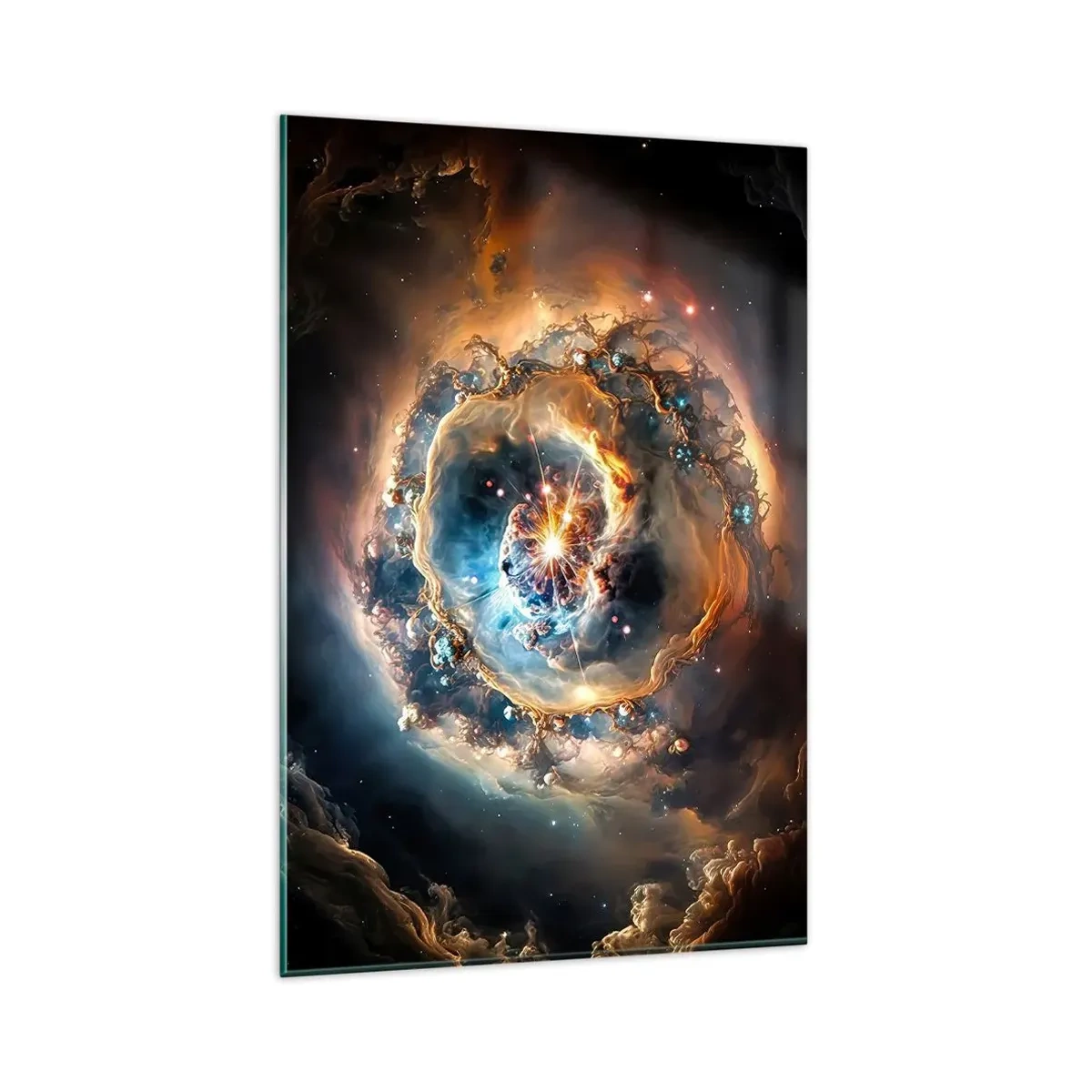 Glasbild - Bild auf glas - Eine abstrakte Vision einer kosmischen Explosion in Gold- und Blautönen. - 80x120cm - Anfang - Moderne Wanddekoration für Wohnzimmer und Schlafzimmer ARTTOR
