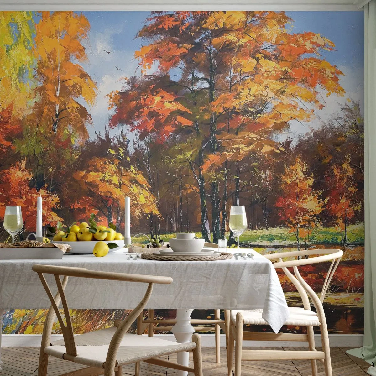 Fototapete Premium Sand - Herbstlandschaft mit bunten Bäumen am Fluss - 100x70cm - Landschaft in Gold und Bronze - Moderne Wanddekoration für Wohnzimmer und Schlafzimmer ARTTOR