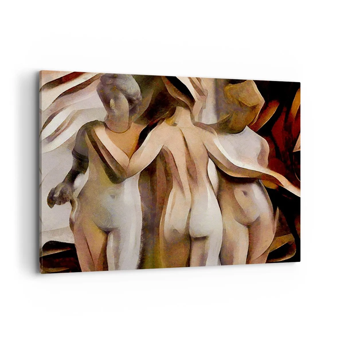 Bild auf Leinwand - Leinwandbild - Eine abstrakte Szene mit drei Figuren in warmen Farben. - 100x70cm - Drei Grazien 2.0 - Moderne Wanddekoration für Wohnzimmer und Schlafzimmer ARTTOR