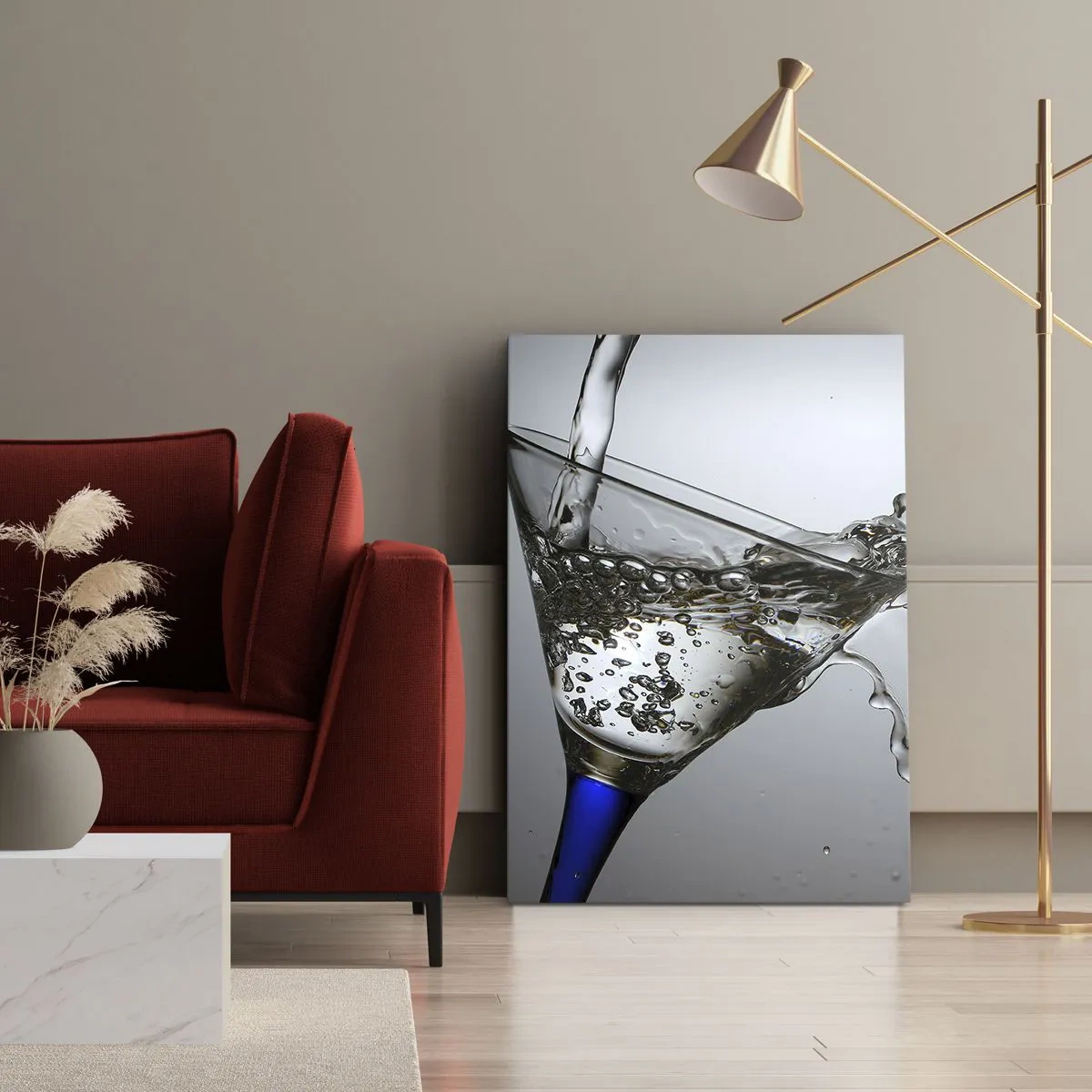 Bild auf Leinwand - Leinwandbild - Ein Glas Wasser in Bewegung auf hellem Hintergrund - 80x120cm - Kristallwasser in Kristallglas - Moderne Wanddekoration für Wohnzimmer und Schlafzimmer ARTTOR