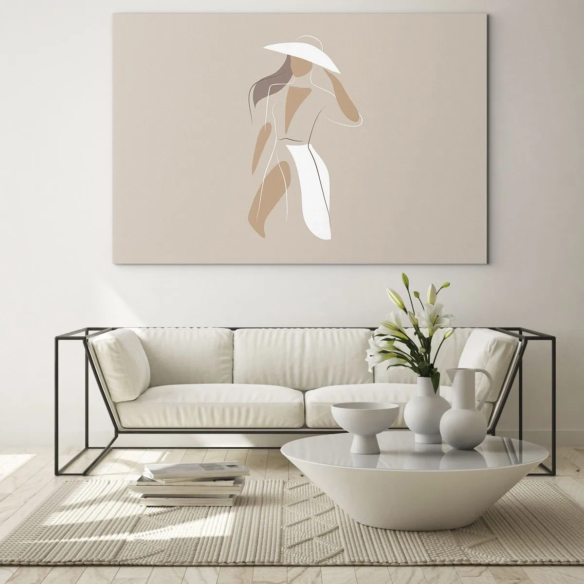 Glasbild - Bild auf glas - Stilisierte Figur einer Frau mit weißem Hut - 70x50cm - Mode macht Spaß - Moderne Wanddekoration für Wohnzimmer und Schlafzimmer ARTTOR