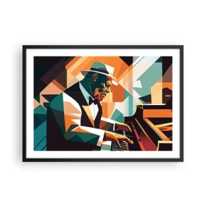 Poster in einem schwarzem Rahmen - Abstrakter Musiker, der in warmen Farben Klavier spielt. - 70x50cm - Alles vom Jazz - Moderne Wanddekoration für Wohnzimmer und Schlafzimmer ARTTOR