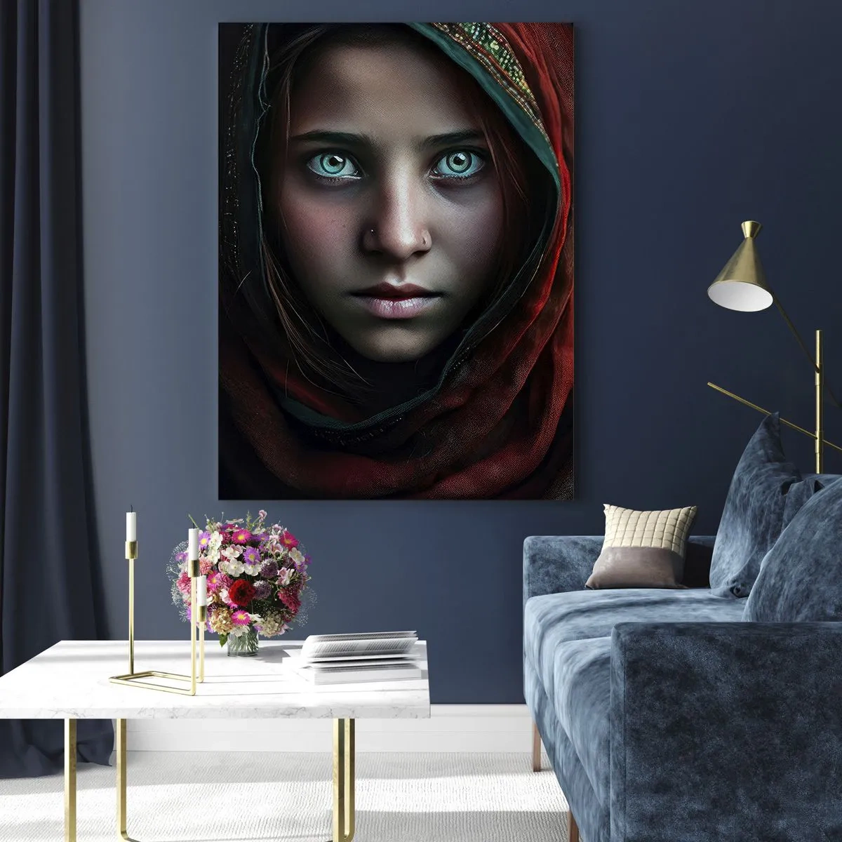 Glasbild - Bild auf glas - Porträt einer Frau mit rotem Schal vor dunklem Hintergrund - 50x70cm - Prinzessin aus dem Osten - Moderne Wanddekoration für Wohnzimmer und Schlafzimmer ARTTOR