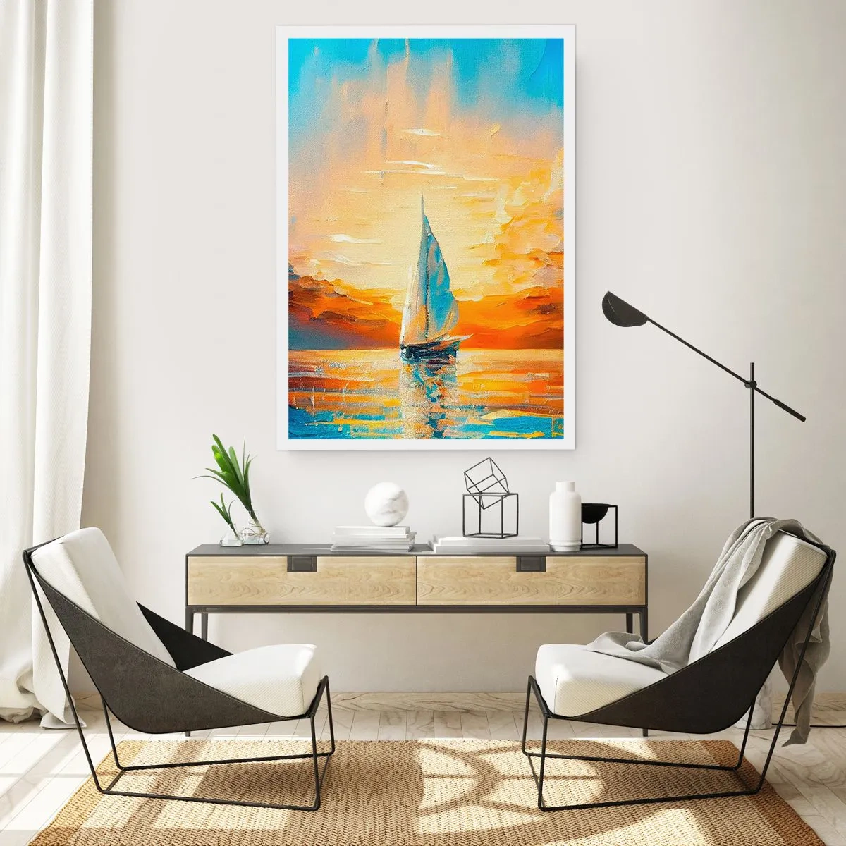 Poster - Ein Segelboot vor der Kulisse eines goldenen Sonnenuntergangs - 50x70cm - In Gold segeln - Moderne Wanddekoration für Wohnzimmer und Schlafzimmer ARTTOR