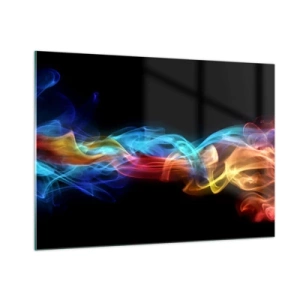 Glasbild - Bild auf glas - Bunte Rauchstreifen auf schwarzem Hintergrund erzeugen ein abstraktes Muster - 100x70cm - Regenbogentanz der Nebel - Moderne Wanddekoration für Wohnzimmer und Schlafzimmer ARTTOR