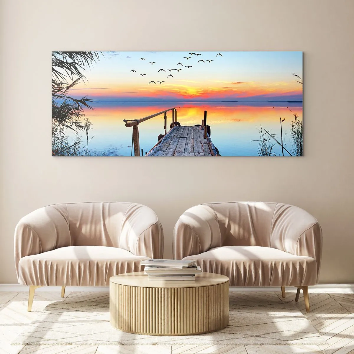 Glasbild - Bild auf glas - Holzsteg über dem See bei Sonnenuntergang - 140x50cm - Es ist Zeit, zurückzukehren ... - Moderne Wanddekoration für Wohnzimmer und Schlafzimmer ARTTOR