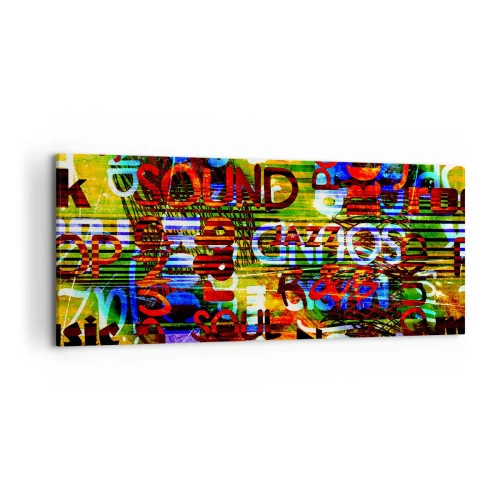 Bild auf Leinwand - Leinwandbild - Bunte Abstraktion mit Musikinschriften im Pop-Art-Stil - 120x50cm - Alle Farben des Klangs - Moderne Wanddekoration für Wohnzimmer und Schlafzimmer ARTTOR