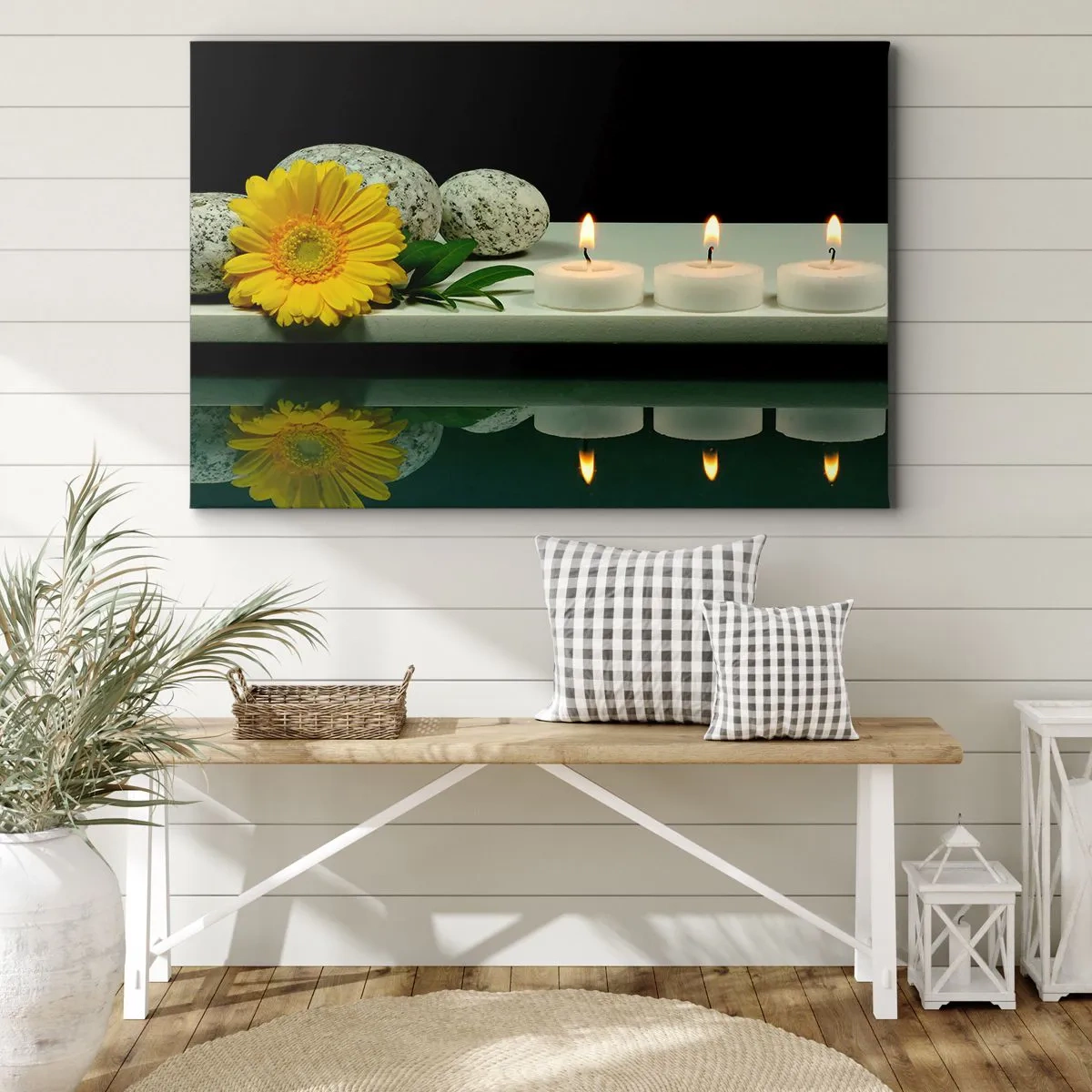 Bild auf Leinwand - Leinwandbild - Gelbe Blume, Kerzen und Steine vor dem Wasserhintergrund - 70x50cm - Beruhigung der Sinne - Moderne Wanddekoration für Wohnzimmer und Schlafzimmer ARTTOR