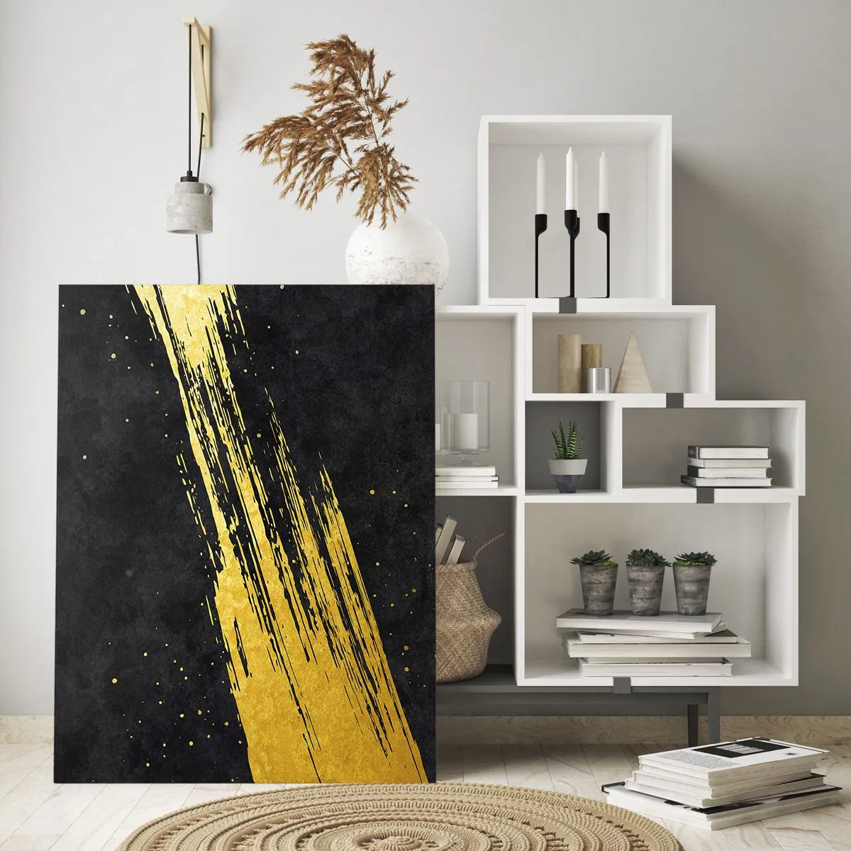 Glasbild - Bild auf glas - Schwarzer Hintergrund mit dynamischen goldenen Pinselstrichen - 70x100cm - Sprung in den Hyperraum - Moderne Wanddekoration für Wohnzimmer und Schlafzimmer ARTTOR