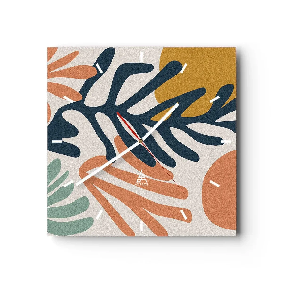 Wanduhr - Glasuhr - Bunte Blätter im abstrakten Stil - 30x30cm - Korallenmeere - Moderne Wanddekoration für Wohnzimmer und Schlafzimmer ARTTOR