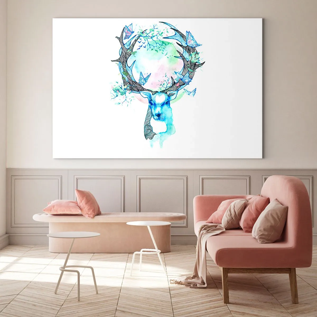 Glasbild - Bild auf glas - Illustration eines Hirsches mit Schmetterlingen auf seinem Geweih - 120x80cm - Die Kraft und Feinheit der Natur - Moderne Wanddekoration für Wohnzimmer und Schlafzimmer ARTTOR