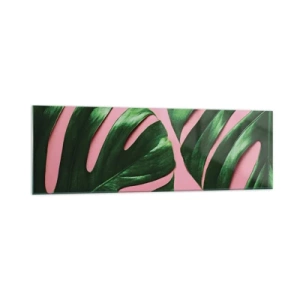 Glasbild - Bild auf glas - Grüne Monstera-Blätter auf rosa Hintergrund - 160x50cm - Rendezvous im Grünen - Moderne Wanddekoration für Wohnzimmer und Schlafzimmer ARTTOR