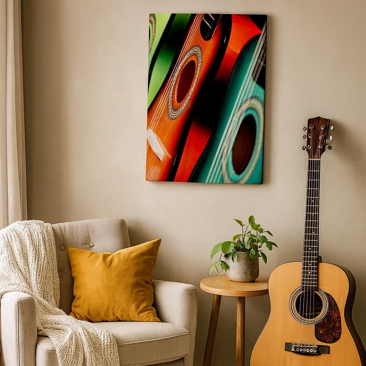 Bild auf Leinwand - Leinwandbild - Bunte Gitarren in verschiedenen Farbtönen in einer Reihe angeordnet - 50x70cm - Die Gitarre hat viele Farben - Moderne Wanddekoration für Wohnzimmer und Schlafzimmer ARTTOR