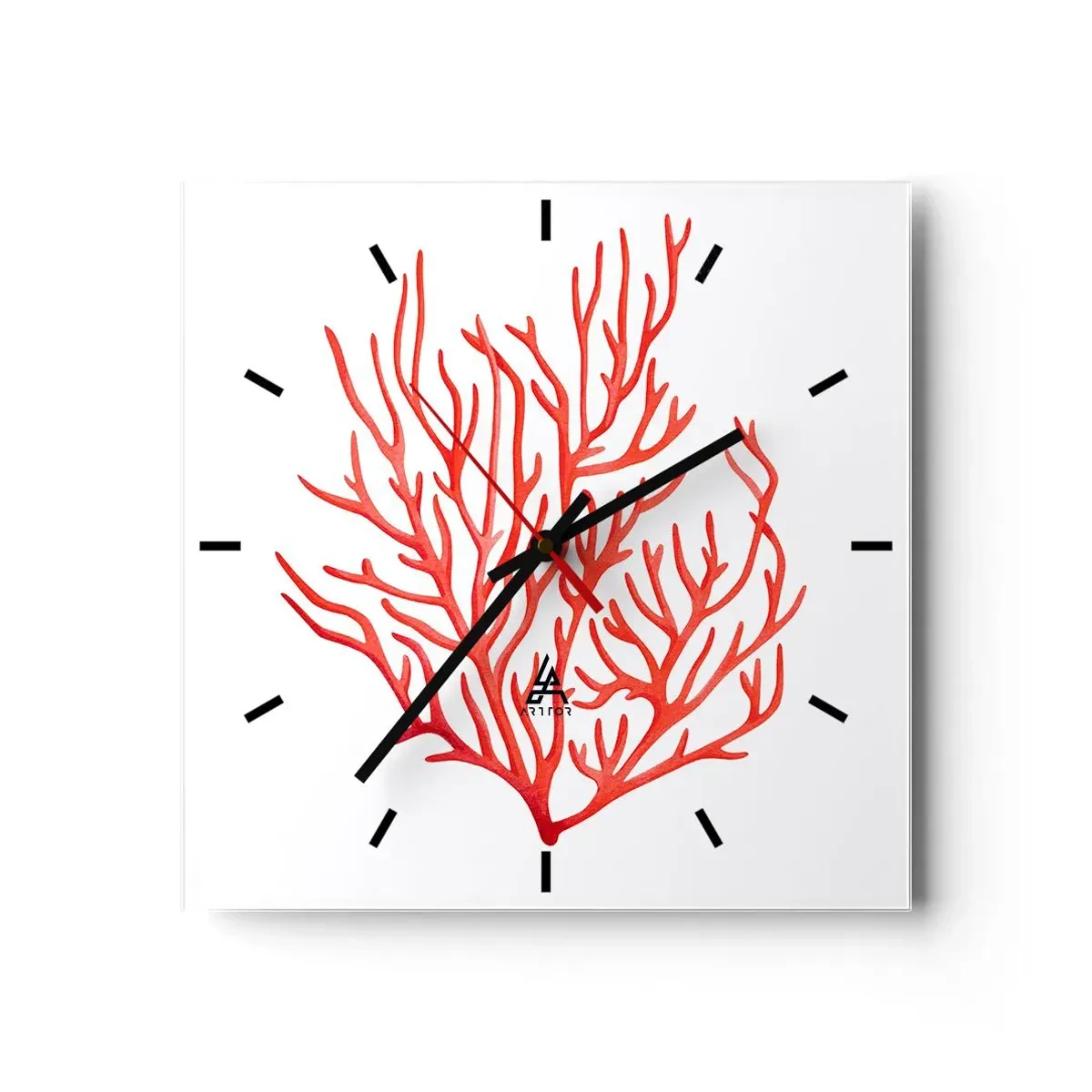 Wanduhr - Glasuhr - Rote Koralle auf weißem Hintergrund im minimalistischen Stil - 30x30cm - Korallenfiligran - Moderne Wanddekoration für Wohnzimmer und Schlafzimmer ARTTOR