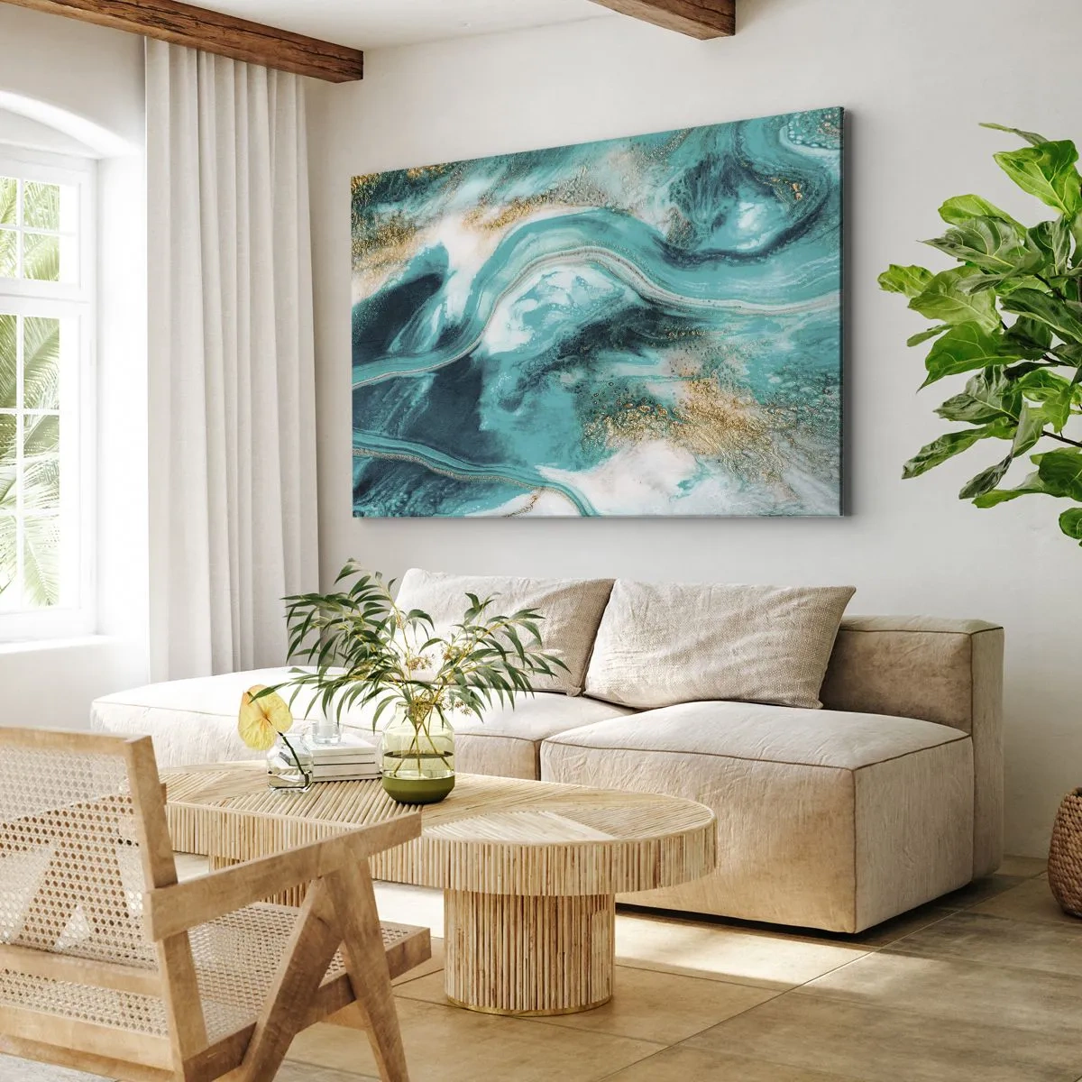 Bild auf Leinwand - Leinwandbild - Türkisfarbene Abstraktion mit weißen und goldenen Akzenten - 100x70cm - Der Fluss aus Gold - Moderne Wanddekoration für Wohnzimmer und Schlafzimmer ARTTOR