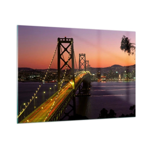 Glasbild - Bild auf glas - Die Brücke bei Nacht in der Stadt und Sonnenuntergangslicht - 100x70cm - Violetter Abend - Moderne Wanddekoration für Wohnzimmer und Schlafzimmer ARTTOR