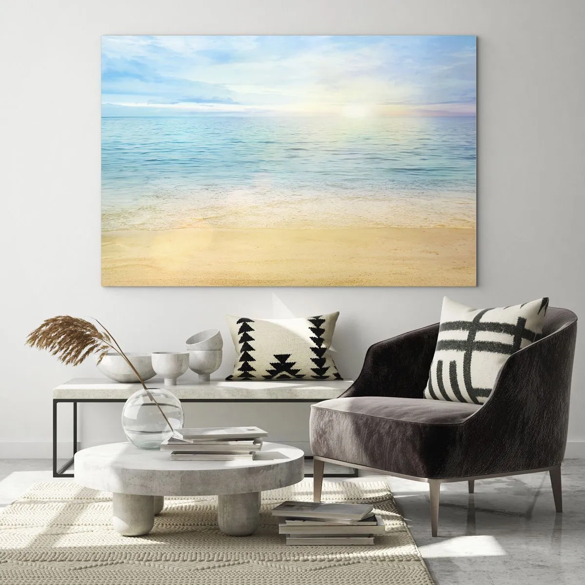 Glasbild - Bild auf glas - Ein sonniger Strand mit azurblauem Meer und Himmel - 120x80cm - Großes Blau - Moderne Wanddekoration für Wohnzimmer und Schlafzimmer ARTTOR