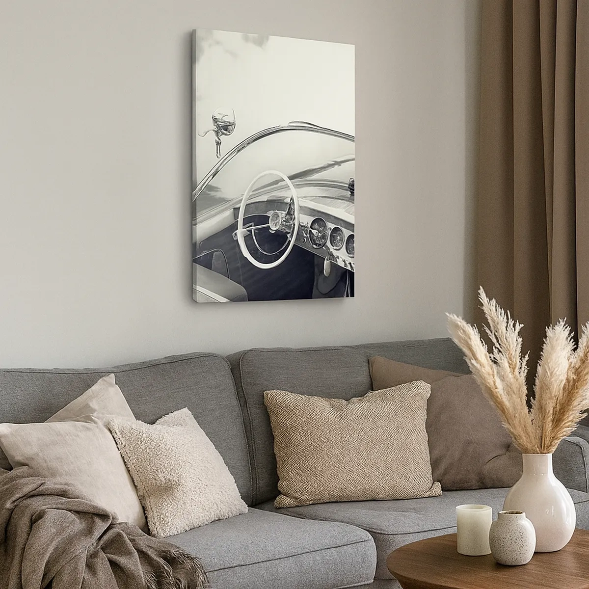 Bild auf Leinwand - Leinwandbild - Oldtimer-Innenraum im monochromen Stil - 50x70cm - Wetter für die Reichen - Moderne Wanddekoration für Wohnzimmer und Schlafzimmer ARTTOR