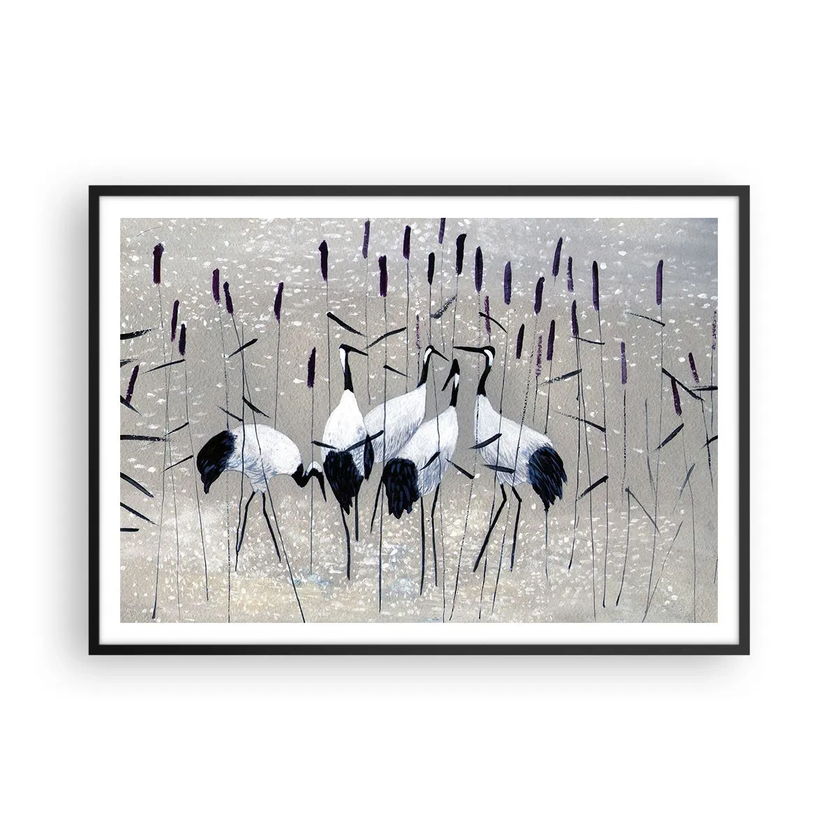 Poster in einem schwarzem Rahmen - Reiher im Gras vor einem friedlichen Hintergrund - 100x70cm - Unter ihren eigenen - Moderne Wanddekoration für Wohnzimmer und Schlafzimmer ARTTOR