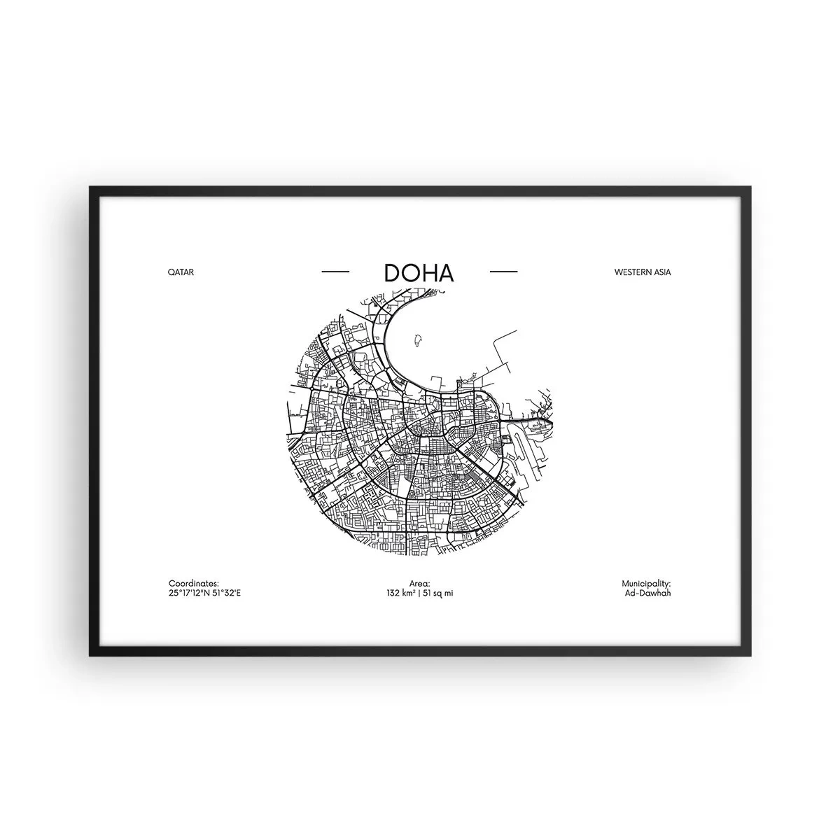 Poster in einem schwarzem Rahmen - Eine minimalistische Karte von Doha in Schwarzweiß mit präzisen Details. - 100x70cm - Anatomie von Doha - Moderne Wanddekoration für Wohnzimmer und Schlafzimmer ARTTOR